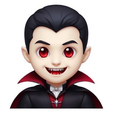 Cinematic Cute Vampire Portrait Emoji, with a refined yet playful small, rounded pale face accented by tiny, cute fangs and bright, twinkling eyes, sporting miniature elegant dark attire with a hint of crimson, simplified yet irresistibly charming, highly detailed with a soft glowing outline that captures the delightful duality of spooky sweetness and stylish allure! sticker