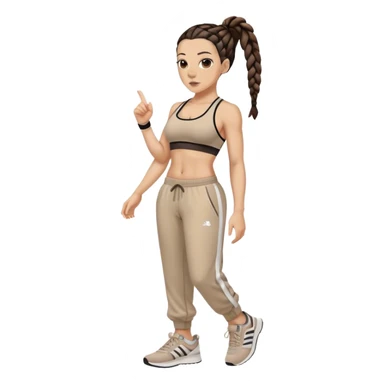 Melanie chisholm with two dark brown french braids, wearing a sports bra and track pants with sneakers sticker