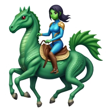 a Reptilian alien woman, full body, riding a horse sticker