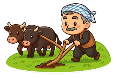 Create a chibi cartoon sticker of a Kurdish farmer plowing the land with two cows using a yoke and traditional plow, on a green hillside. The style should be cheerful and colorful with a transparent background. sticker