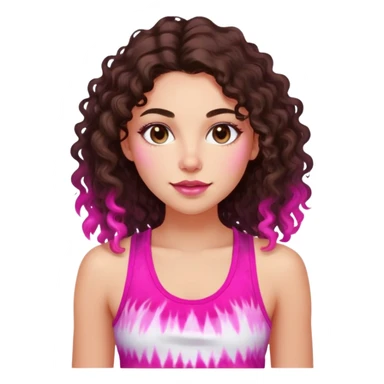 Young adult woman with luminous fair skin, long dark brown curly hair, large almond dark brown eyes, thick lips, wearing bright pink tie-dye tank top, warm friendly expression sticker