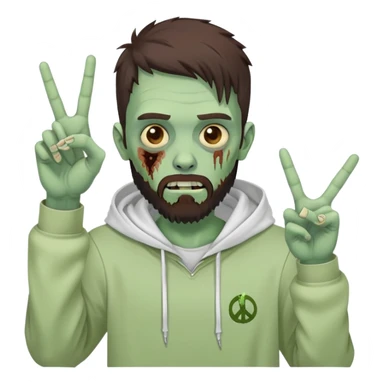 zombie making peace sign, undercut hairstyle with dark brown hair, short full beard, wearing plain white hoodie sticker