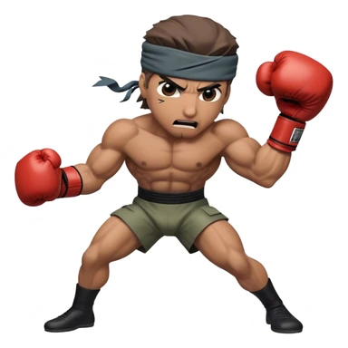 Twitch Emote for Riozacki-Shinkawa Channel

    Character: Solid Snake
    Reference: "Infinite Punch" (a looping combo of two punches) with a funny expression
    Size: Standard Twitch emote sizes (28x28, 56x56, 112x112)

The emote should depict Solid Snake with an exaggerated, oversized head, giving him a caricatured look. The animation should clearly show the "Infinite Punch" move, as if he were rapidly and repeatedly punching a boxing bag with high speed and determination. His expression should be amusing and intense, emphasizing the action. sticker