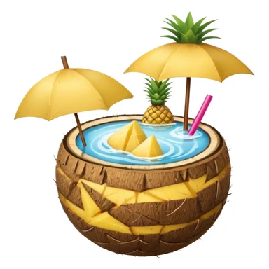 A tropical cocktail served in a coconut shell with a mini umbrella and pineapple.
 sticker
