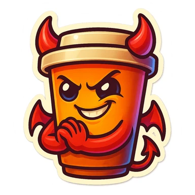 Tall coffee cup, devil horns, smirking, evil, rubbing hands together sticker