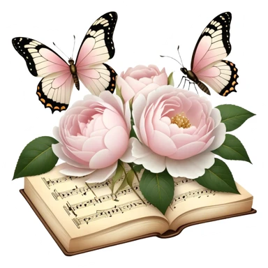 A charming antique music sheet, adorned with golden ink flourishes and pressed blush pink rose petals, resting beside a bouquet of fresh white peonies, while a pearl butterfly’s wings gently touch the delicate paper.
 sticker