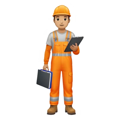 man wearing orange hi visibility overalls, boots holding a clipbaord sticker