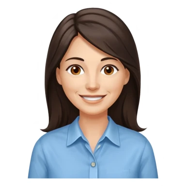 vit 50-årig kvinna med jättelångt mörkbrunt hår med vita slingor bruna ögon ljusblå skjorta med översta knappen uppknäppt sticker