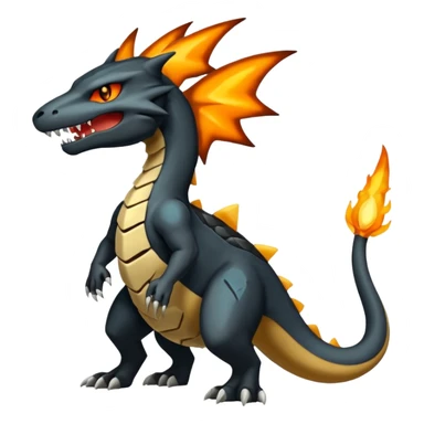 Magmatic fiery badass cool obsidian-Black and golden-orange Helioptile-Marowak-Salamence-Fakémon-hybrid-creature (full body)  sticker