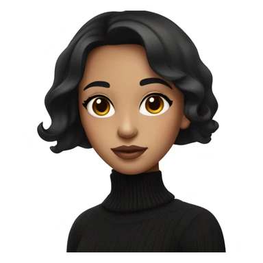 a girl with black hair and brown eyes is dressed in a black sweater with a cutout and nude makeup sticker