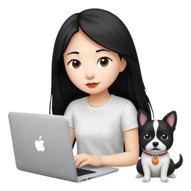 Blue back ground, Asian girl with long black hair , wearing a white t-shirt, working on an Apple laptop, next to her is a small black and white dog sticker