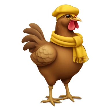 Brown hen showing full body wearing a mustard yellow scarf and mustard yellow beret sticker