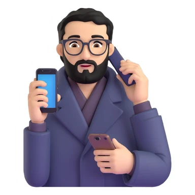 professional man with medium black beard, black hair combed to one side, connected unibrow, olive tan skin, brown eyes, glasses, prominent nose, wearing black coat, holding smartphone to ear in calling position, with subtle office background sticker