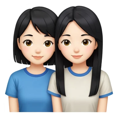 Two cute Japanese girls with straight black hair wearing modern Western clothes like t-shirts, faces pressed together cheek to cheek, smiling happily sticker