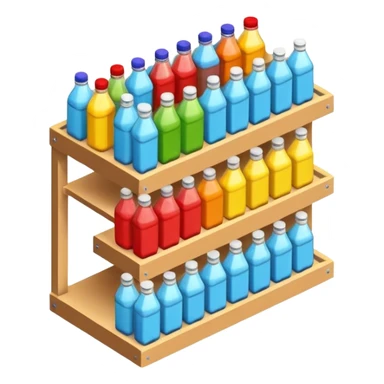 3D warehouse shelf with drinks bottles and products, 
organized retail shelves, colorful product packages, store inventory, 
transparent background, emoji style, realistic, isometric view sticker