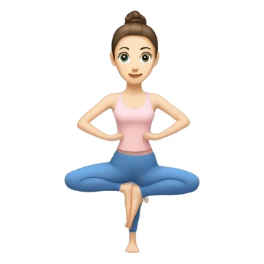 A White woman with blue eyes and brunette hair in a high ponytail doing yoga in beige and light pink sticker