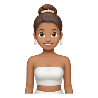 Full body, Light brown skin girl, brown hair in bun, smiling, white strapless tube top, pearl earrings sticker