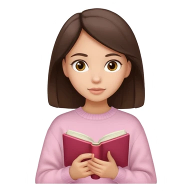Pretty brown eyed brunette girl with light pink sweater reading cozy sticker