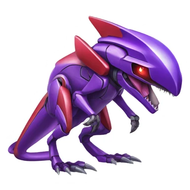 a shiny purple-green-red Genesect-Raptor-Fakémon—hybrid with a futuristic visor-helmet full body sticker