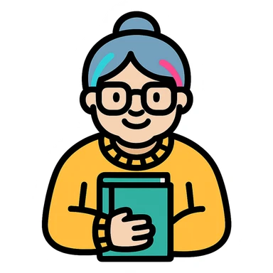Gen Z style librarian granny with colorful hair streaks, trendy glasses, oversized sweater, holding a book, color outline icon sticker