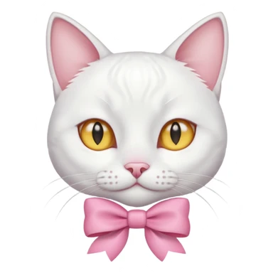 white cat sitting and she has a pink small bow on her right ear,she has golden eyes,she's fully white,even her ears,the only color is the pink small bow on her right ear,the cat is small sticker