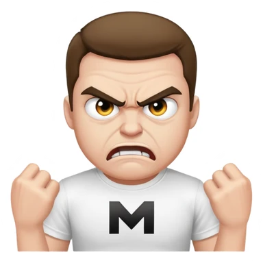 A angry man wearing a white t-shirt with a big black M on the t-shirt  sticker