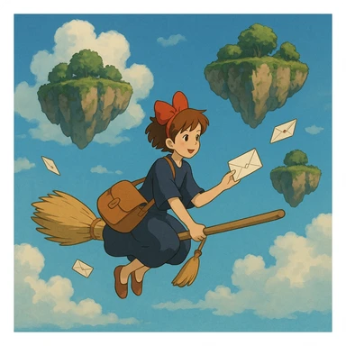 A mail carrier girl on a broomstick delivering letters to flying islands.

 sticker