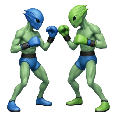 two aliens boxing in a fight stance, facing each other with raised gloves, dynamic action pose, intense expressions, sci-fi arena vibe, 3D cartoon style, mobile game icon style, clean background, no text, no watermark
 sticker