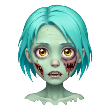 female zombie with bright turquoise hair, rotting skin, sunken eyes, cute but scary sticker