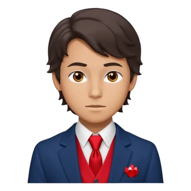 Number Five from "The Umbrella Academy": portrait of slim 16 yo teen (face, neck, shoulders, chest) in sarcastic pose, oval face with high cheekbones, gray eyes, dark brown wavy side-swept hair. Uniform: dark blue blazer with red trim, white shirt, black tie, diamond vest. sticker
