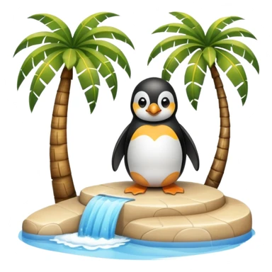 a penguin sitting by a palm tree and pool at the seaside with waves sticker