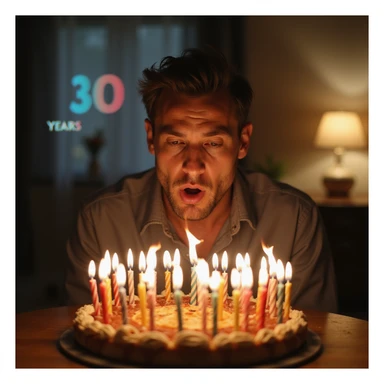 4K detailed birthday party scene with a man blowing out candles, background timeline showing body changes from 20 to 30 years, educational style sticker
