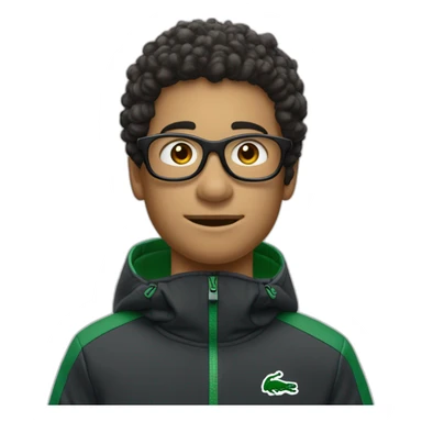 Un garçon blanc qui porte das lunettes de ski, il a les cheveux noirs et un survetement de lacoste sticker