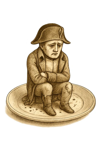 Сгенерируй мне такую же тарелку, только чтобы на ней сидел наполеон бонапарт, грустный, в чуть чуть рваной одежде. ТОРТ УБЕРИ ПОЛНОСТЬЮ. На прозрачной фоне  sticker