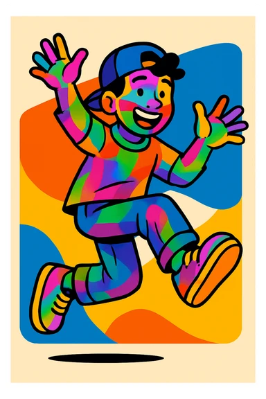 Make the man's skin colorful, with vibrant, lively hues and a playful, artistic look, keeping the energetic style and expression. sticker