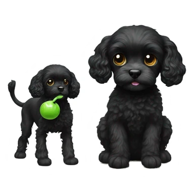 black cavoodle with a white chin. playing with a green monkey toy sticker