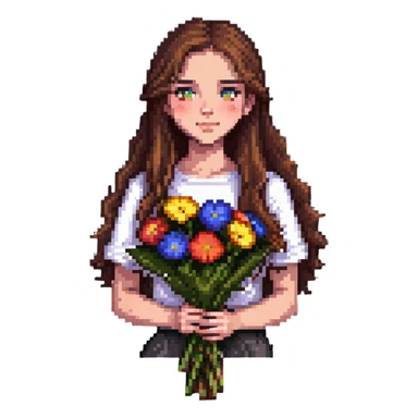 Cool girl with long brown hair holding a bouquet of flowers sticker