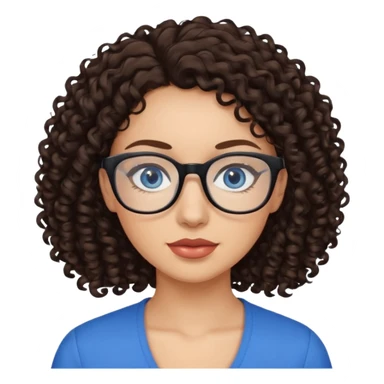 a woman, 30 years old, light skin with dark brown curly hair. eyeglasses. Black top. blue eyes. sticker