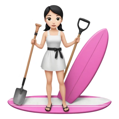 Princess who wearing white dress (woman) black ponytail hair holding her cellphone and  one garden shovel with another hand. She is standing on her feet, there is one pink surfing board. sticker