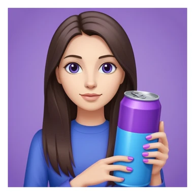 woman with long straight brunette hair holding a purple and blue can sticker