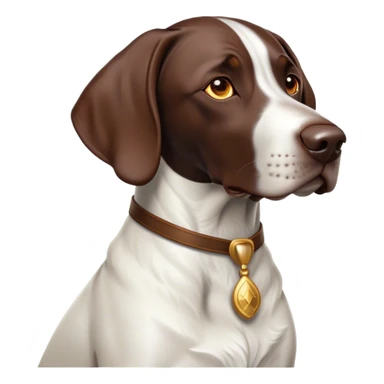 Cinematic Noble German Pointer Portrait Emoji, Poised and regal, with a lean, athletic build and a sleek, short coat in liver and white, deep-set soulful brown eyes, Simplified yet sharp and sophisticated features, highly detailed, glowing with a soft, dignified glow, high shine, intelligent and driven, stylized with an air of determination, focused and attentive, soft glowing outline, capturing the essence of a watchful and commanding hunter, so majestic it feels as though it could sprint out of the screen with effortless authority! sticker