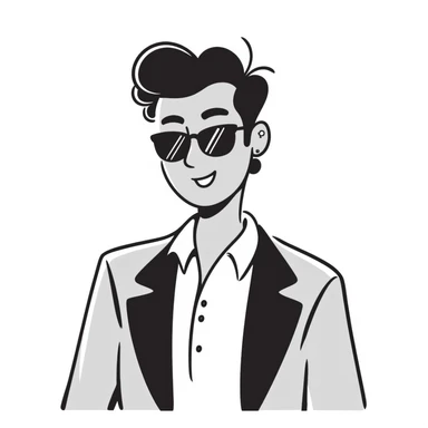 A 30-year-old Latino male musician with a piercing in one ear, wearing sunglasses, with a fashionable short hairstyle styled up and to one side, smiling confidently and wearing a jacket, shrugging his shoulders with a carefree attitude sticker