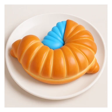 Put the blue Danish croissant on a white plate, keep the original 3D emoji style sticker