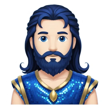 Neptune, King of the Sea from Gods and Goddesses with long black hair and beard, cobalt blue sequin outfit sticker