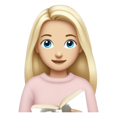 Pretty blue eyed white girl with light pink sweater reading cozy sticker