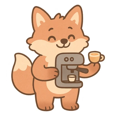 soft pastel style, coffee maker fox, soft fluffy, holding a tiny latte cup, soft pastel brown and beige tones, full-body sticker