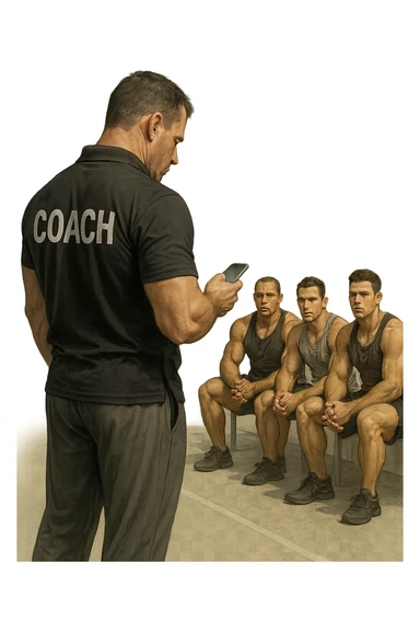 cinematic a bodybuilding coach is seen far away on the sidelines, partially turned away from the team or group, engaged in another activity (like reading, texting, or talking on the phone), while the athletes look toward them for support or instruction. The distance between coach and team is visually clear, symbolizing lack of presence. in italiano sticker