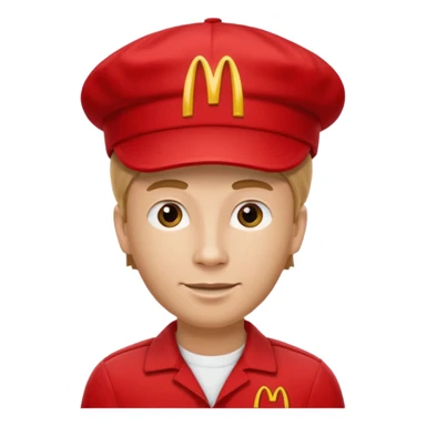 caucasian male McDonald's worker

red casual cashier clothes, red cap with the McDonald's logo sticker