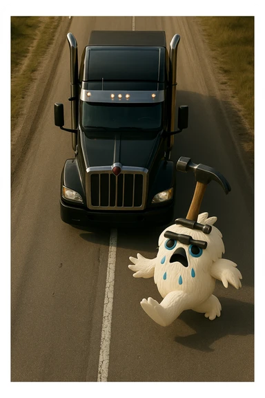 Add a hammer on top of the abominable snowman's head, keep the scene realistic, top-down view, no text. sticker