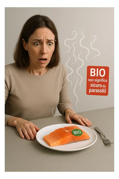 Donna tra i 30 e i 40 anni, seduta a tavola con espressione sorpresa e preoccupata mentre guarda un piatto elegante di salmone crudo etichettato 'BIO'. In trasparenza sopra il salmone si vedono parassiti intestinali stilizzati, come larve o vermi sottili, fluttuanti nell’aria. Accanto al piatto, una scritta fluttuante in stile etichetta rossa avverte: 'BIO non significa sicuro da parassiti'. Atmosfera visivamente pulita ma con tensione sottile, colori realistici con accento sul contrasto tra immagine 'salutare' e minaccia invisibile sticker